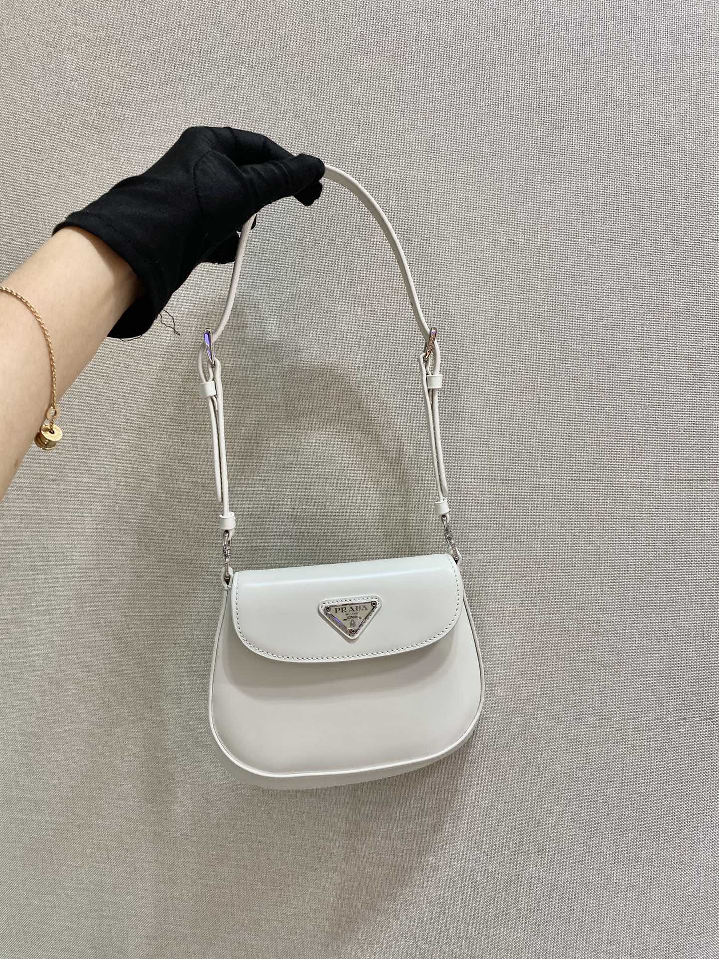 Prada Cleo Brushed Leather Shoulder Bag With Flap White 1BH188